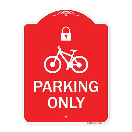 Signmission Parking With Cycle and Lock, Red & White Aluminum Architectural Sign, 18" x 24", RW-1824-23410 A-DES-RW-1824-23410